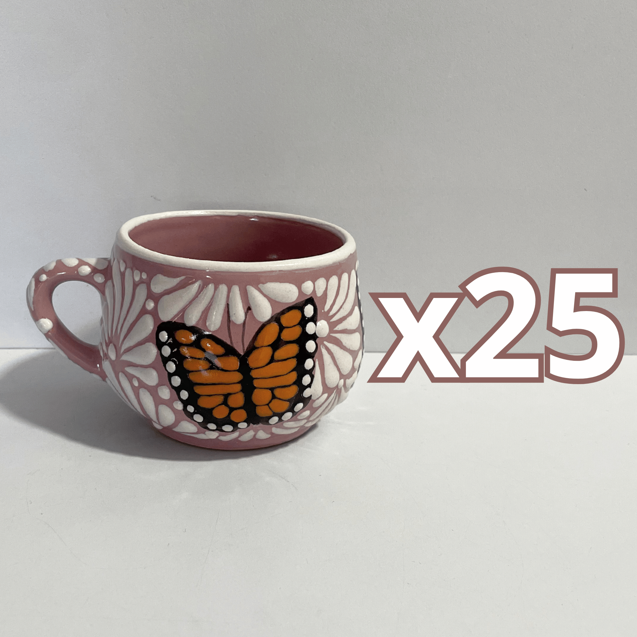 TAZA CHOCOLATERA MEDIANA FONDO ROSA MIK BLANCO MARIPOSAS