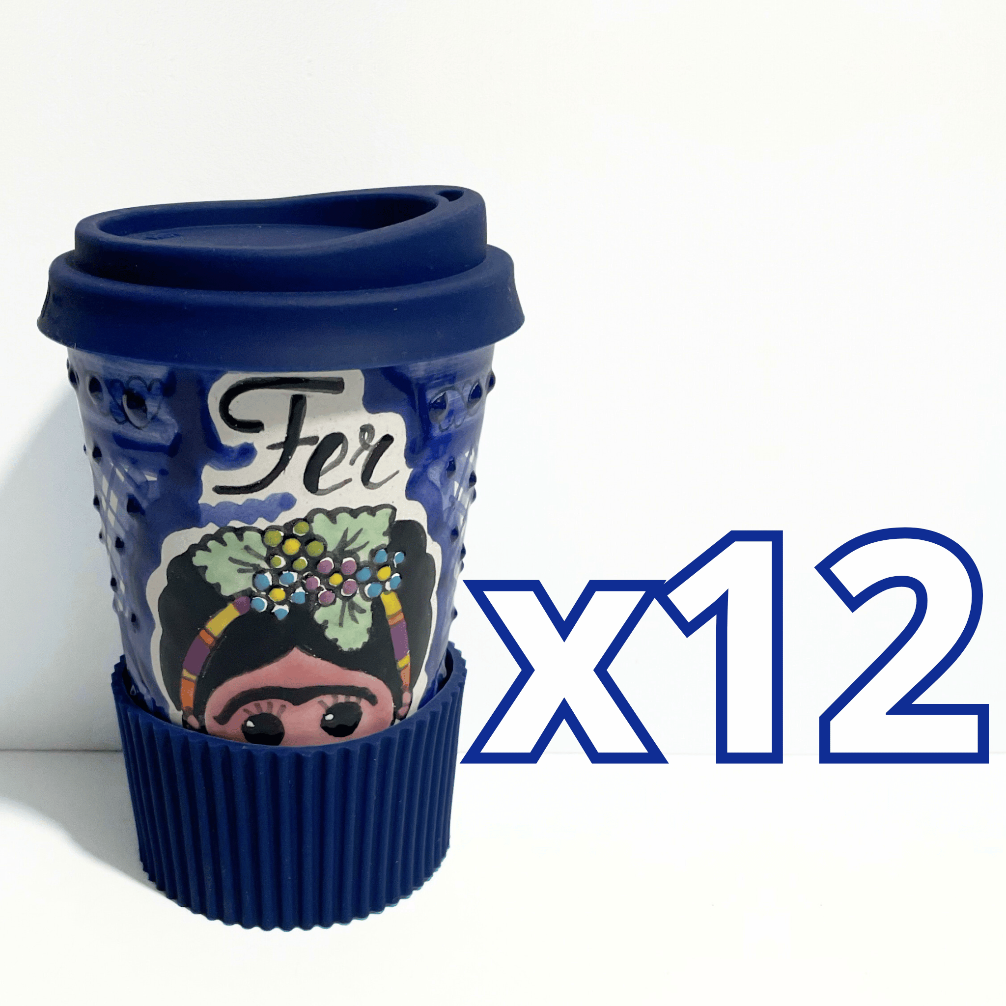 TERMO PERSONALIZADO 15 CM SIN ASA FONDO TRADICIONAL MEXICANITA AZUL COBALTO NOMBRE