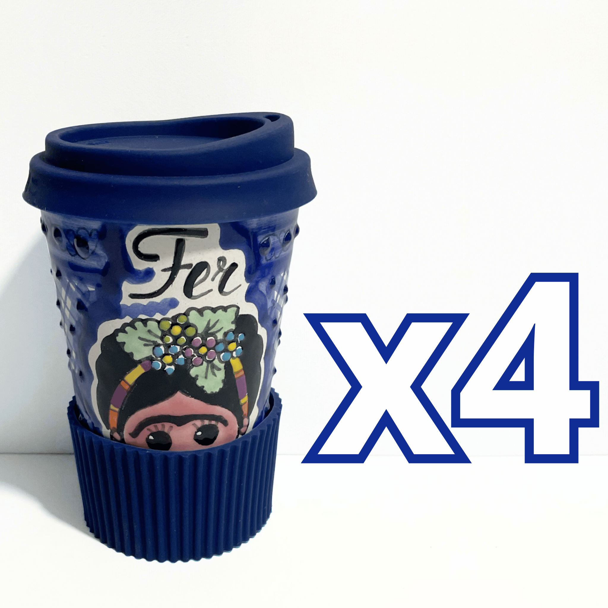 TERMO PERSONALIZADO 15 CM SIN ASA FONDO TRADICIONAL MEXICANITA AZUL COBALTO NOMBRE