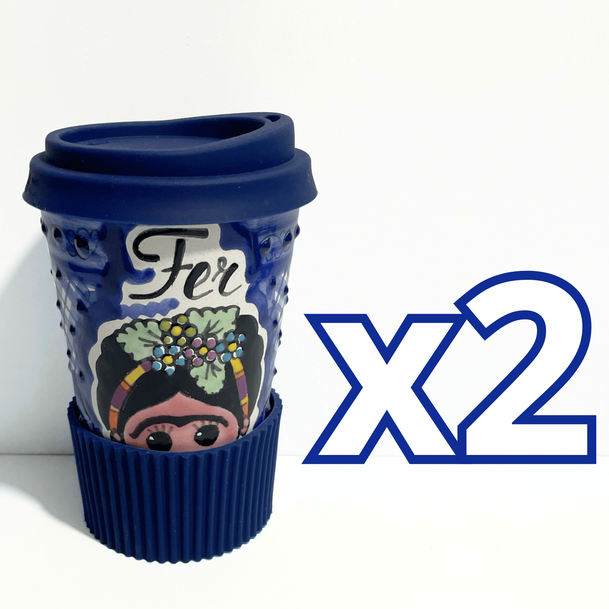 TERMO PERSONALIZADO 15 CM SIN ASA FONDO TRADICIONAL MEXICANITA AZUL COBALTO NOMBRE