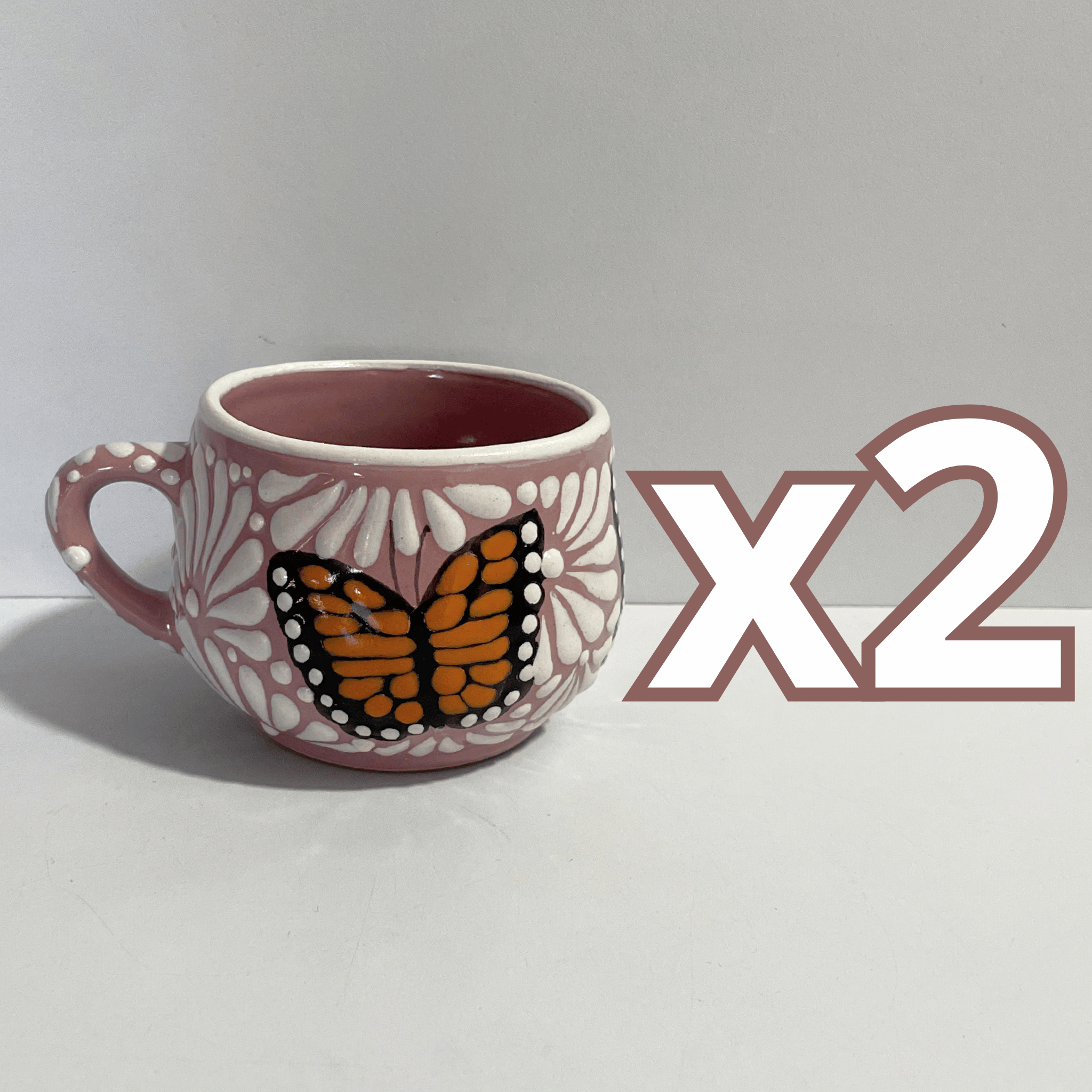 TAZA CHOCOLATERA MEDIANA FONDO ROSA MIK BLANCO MARIPOSAS