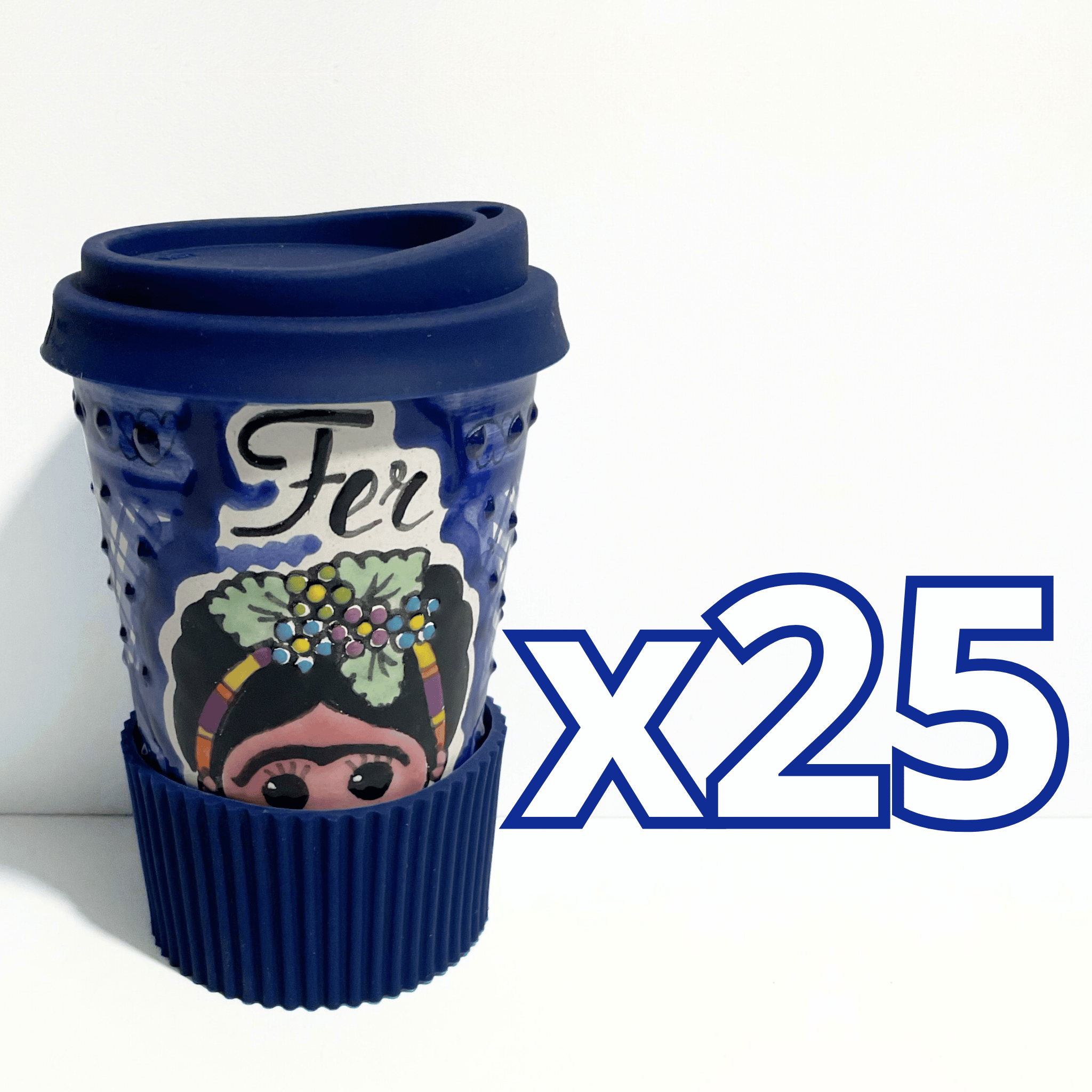 TERMO PERSONALIZADO 15 CM SIN ASA FONDO TRADICIONAL MEXICANITA AZUL COBALTO NOMBRE