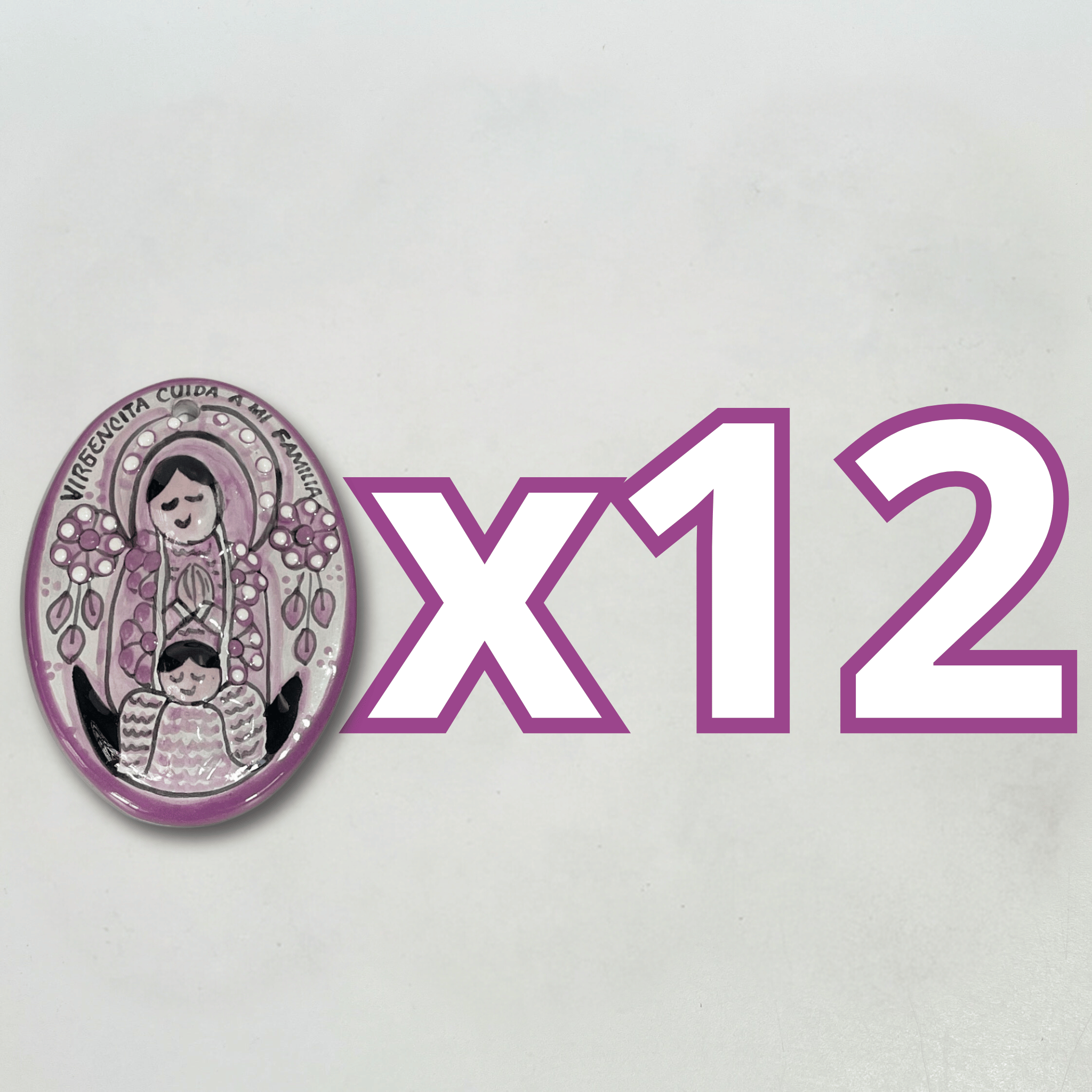 PAQUETE VIRGEN 10 CM FONDO BLANCO DECORADO MORADO NO INCLUYE PERSONALIZADO