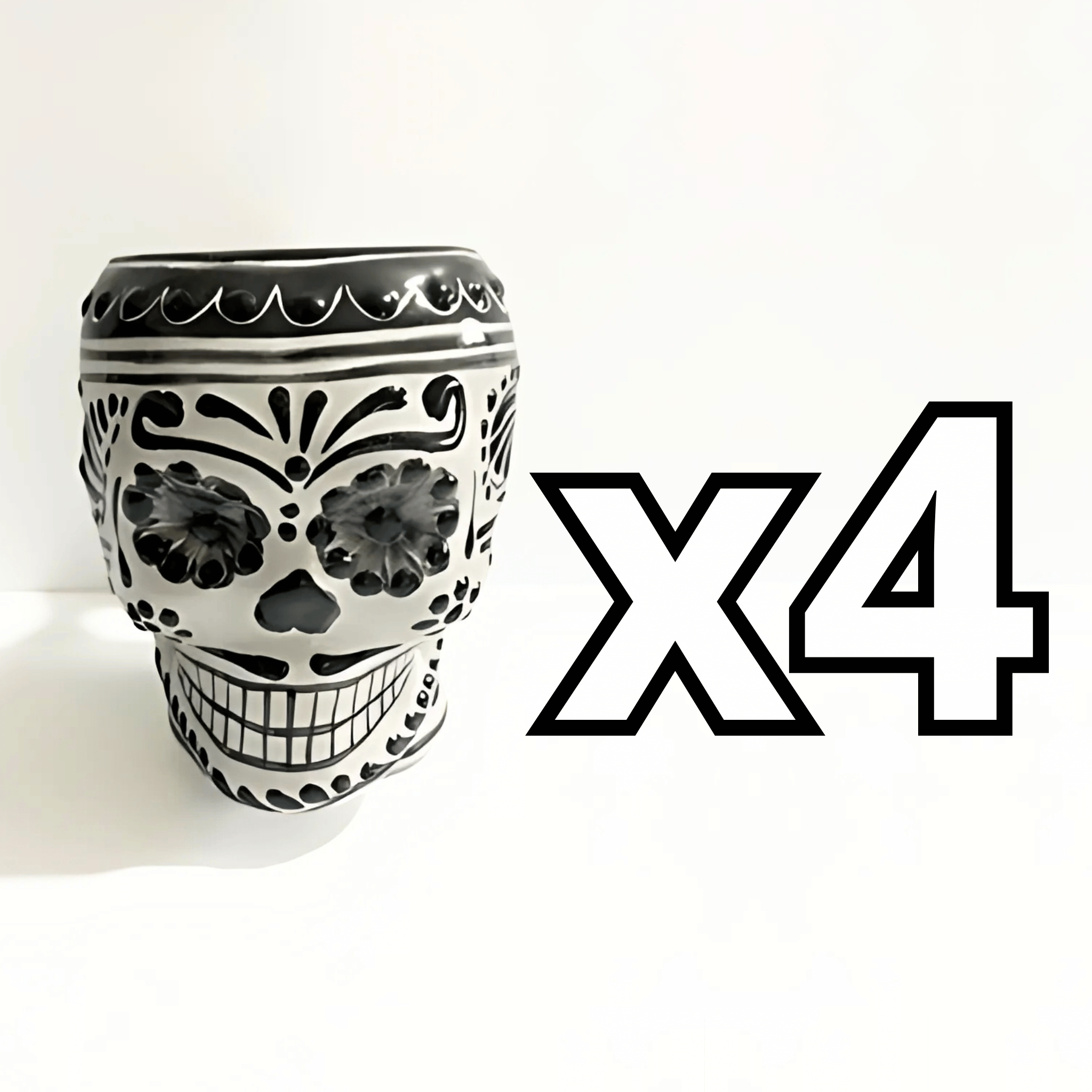 TAZA FORMA DE CRANEO FONDO TRADICIONAL DECORADO NEGRO