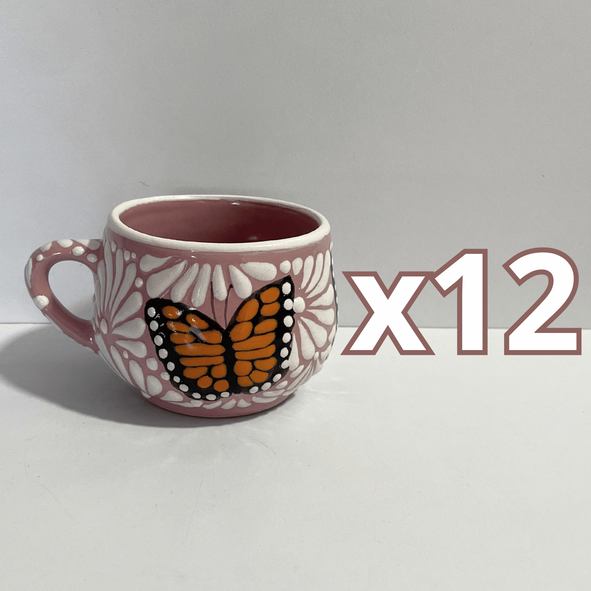 TAZA CHOCOLATERA MEDIANA FONDO ROSA MIK BLANCO MARIPOSAS