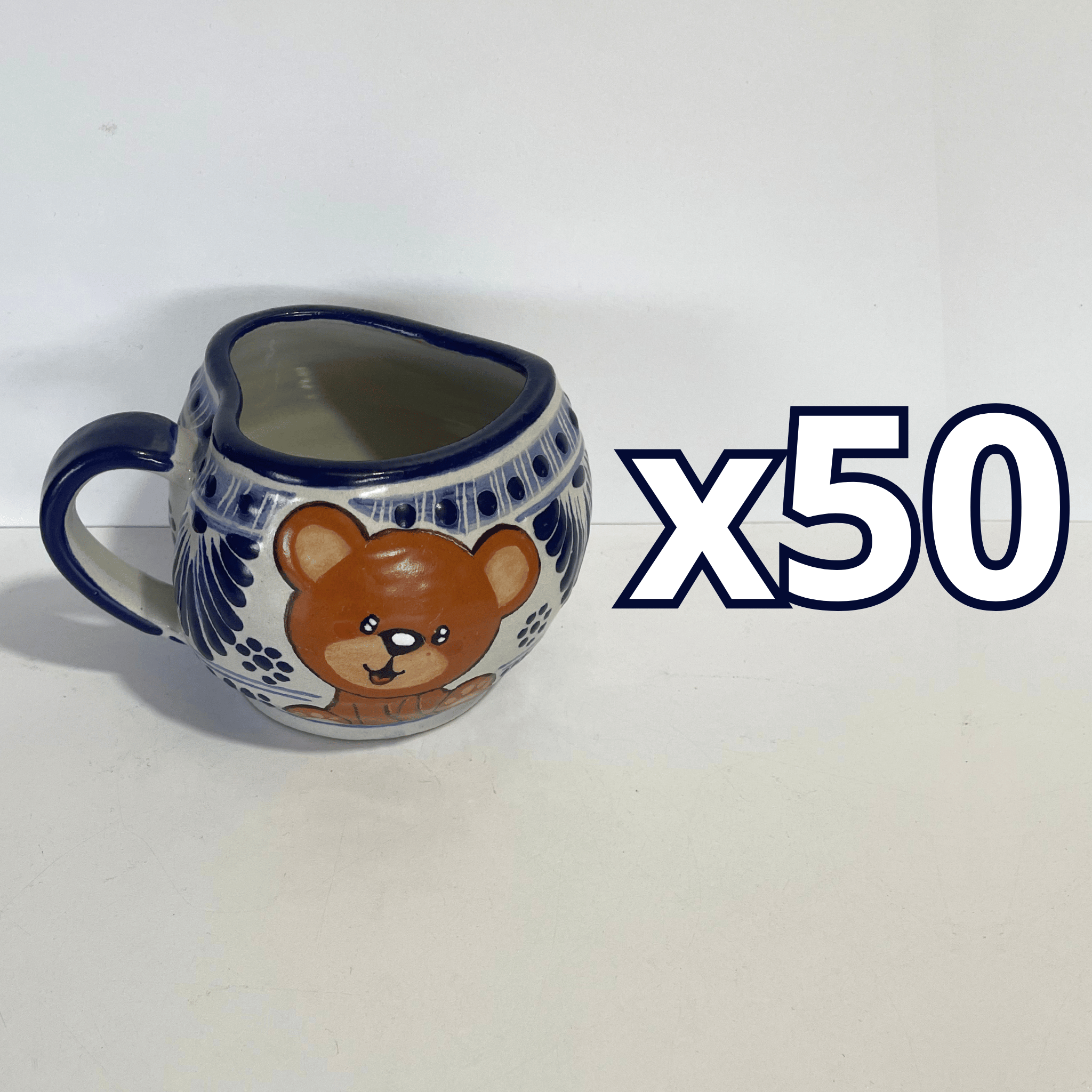 TAZA FORMA CORAZON CHOCOLATERA GRANDE FONDO TRADICIONAL CENEFA AZUL COBALTO OSITO COMPLETO