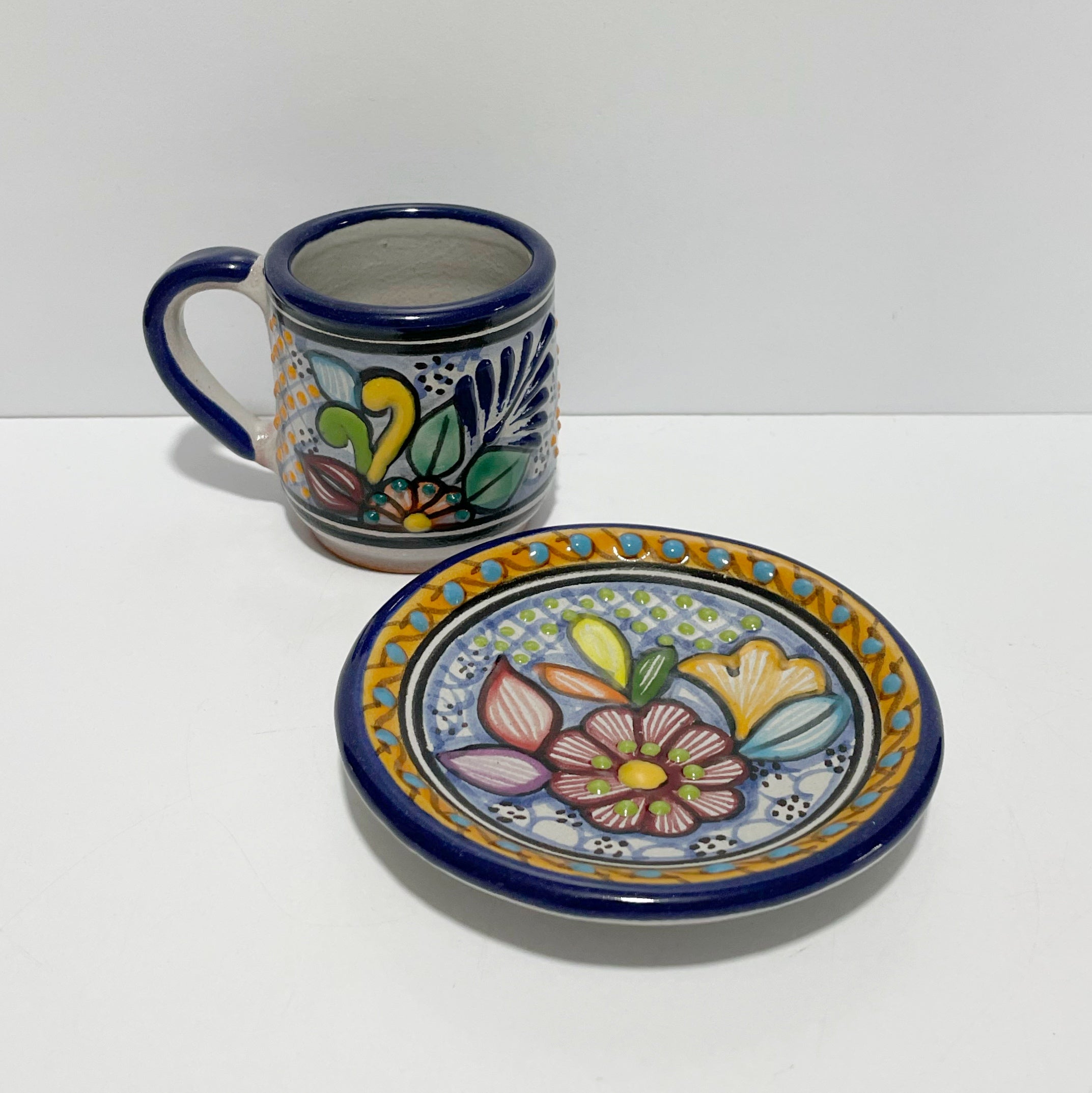 SET TAZA EXPRESO FONDO TRADICIONAL ESTILO PUEBLA MULTICOLOR